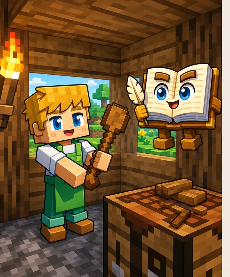 On the left side of the image, Ned stands inside a wooden cabin or shelter, holding up a brand new wooden shovel with both hands and grinning proudly. A lit torch is mounted on the wall to Ned's left, illuminating the interior. The Book floats nearby with its cream-colored pages open, its large round bright blue eyes looking at Ned approvingly, and a tan quill feather pen in its right hand. A workbench with leftover wood planks and sticks is visible nearby. The setting is indoors within a blocky, Minecraft-style wooden structure, with a window or opening in the back wall revealing greenery outside during daytime. The right ~50% of the image is plain light background with no detail.