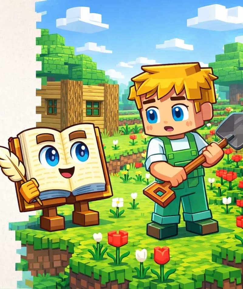 On the right side of the image, Ned stands on a sunny grassy hillside holding a wooden shovel, turning it over in his hands with a slightly uncertain, curious expression. Red flowers and tulips dot the green grass around him. The Book stands nearby next to the small wooden shed, its cream-colored pages open, brown hardcover spine visible, standing on its two short blocky brown legs, with its large round bright blue eyes looking at Ned as if giving instructions, and a tan quill feather pen in its right hand. The outdoor scene has bright blue skies, lush green trees, and warm sunshine. The left ~40% of the image is plain light background for text overlay.