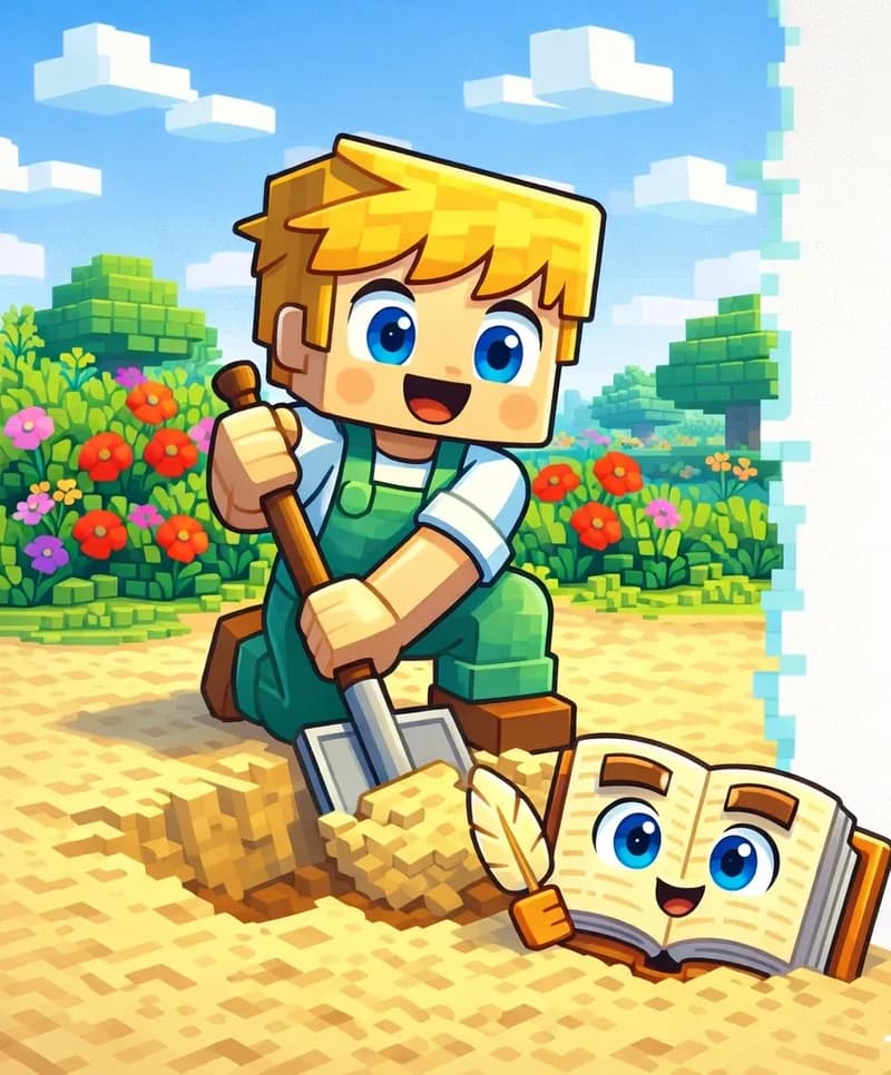 On the left side of the image, Ned kneels on a sandy beach, pushing his wooden shovel into the sand with an excited, thrilled expression. A hole in the sand is visible at his feet where he has scooped out a big clump of sand. Beside him at ground level, The Book peeks up from the sand — its cream-colored open pages visible with large round bright blue eyes and a cheerful grin, its brown hardcover edges partially buried in the surface. The scene is set outdoors on a bright sunny day with blue sky and white clouds, with colorful flowers (red poppies and pink blooms) and green bushes visible in the background behind Ned. The right ~40% of the image is plain light background reserved for text.