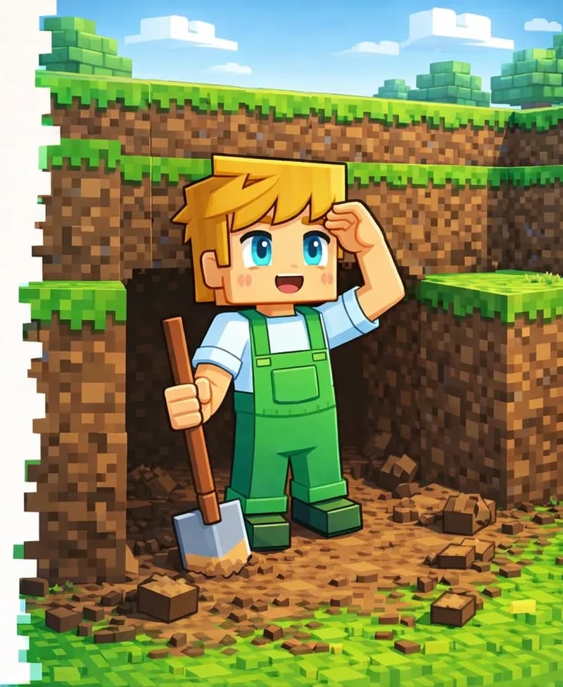 On the right side of the image, Ned stands at the entrance of a big hole he has carved into the side of a grass-topped dirt hill, wiping his forehead with one hand while holding his wooden shovel in the other, looking tired but pleased. Loose dirt and scattered soil chunks are visible around the excavation site. The outdoor scene shows green grass on the ground and a bright daytime sky. The left ~40% of the image is plain light background for text overlay.