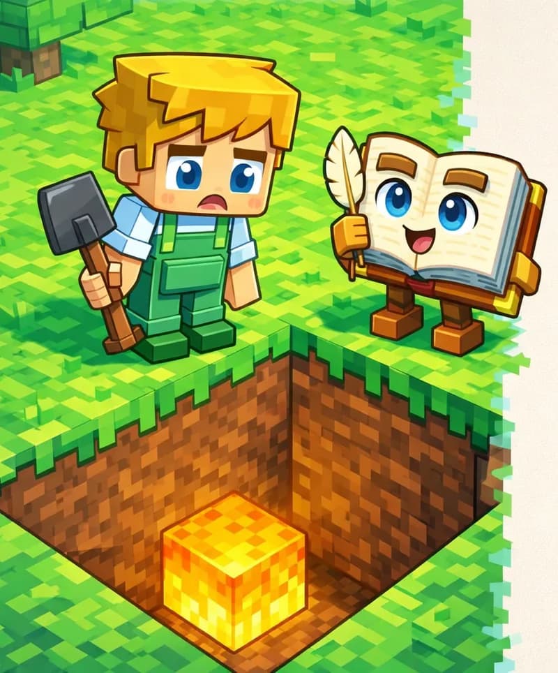 On the left side of the image, Ned stands at the edge of a deep rectangular pit he has dug into a hillside, viewed from a slightly elevated angle. He holds his wooden shovel and looks down into the hole with a puzzled, frustrated expression. Inside the pit, a big golden-orange stone block is embedded at the bottom, glowing with a warm yellow light. The Book stands on the ground near Ned at the rim of the excavation, its cream-colored pages open, brown hardcover spine visible, standing on its two short blocky brown legs, looking toward Ned as if replying. The scene is outdoors in a Minecraft-style blocky aesthetic, with brown dirt walls forming the sides of the dig site and green grass visible along the surface edge. The right ~40% of the image is plain light background.