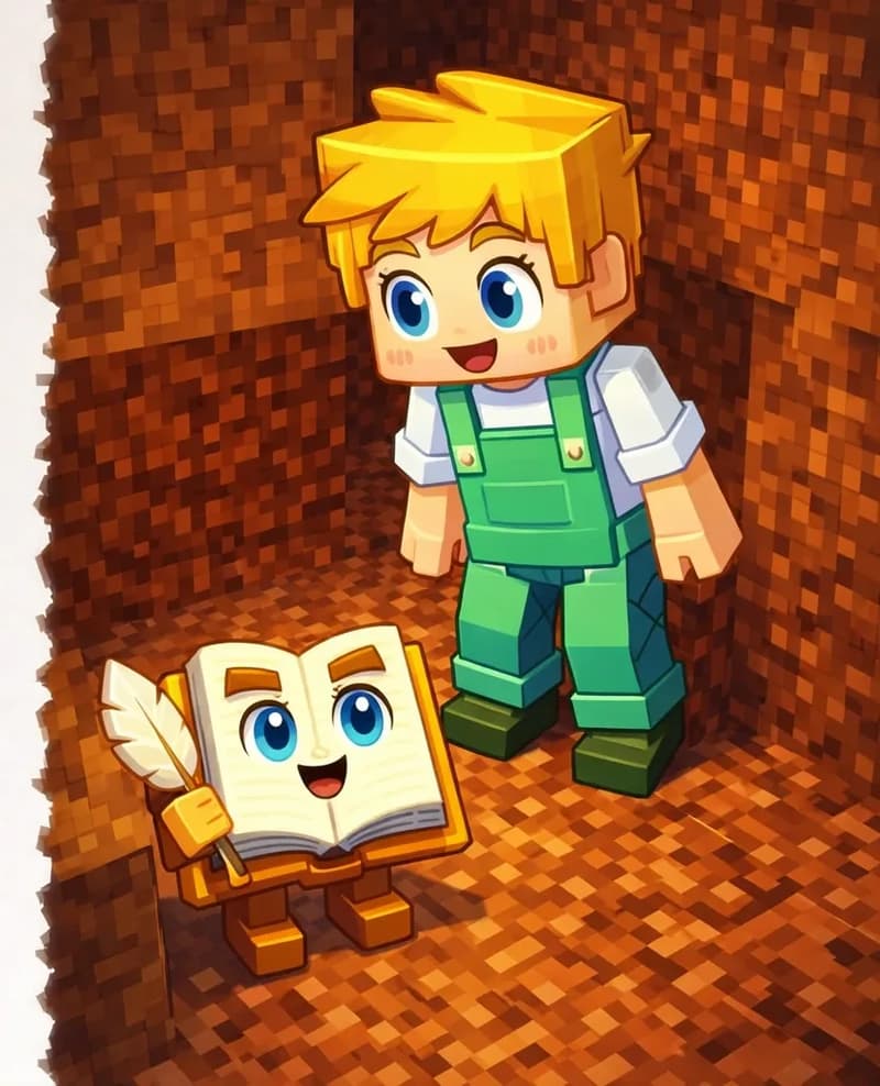 On the right side of the image, Ned stands at the bottom of a rocky underground excavation, looking down at The Book with a curious expression. The scene is rendered in a blocky, voxel-style Minecraft-like aesthetic, with walls of brown and reddish-brown stone surrounding him. Near Ned's feet, The Book sits on the rocky ground, its cream-colored pages open wide, brown hardcover spine and edges visible, its large round bright blue eyes looking up at Ned, standing on its two short blocky brown legs, with a tan quill feather pen in its right hand. The left ~40% of the image is plain light background reserved for text.