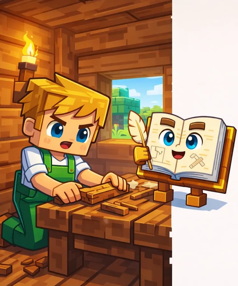 On the left side of the image, Ned kneels at a wooden workbench inside the shed, gripping pieces of wood as he shapes them, with a focused, determined expression. The shed interior has wooden plank walls, a wooden ceiling, and a window in the back showing greenery outside. The Book floats nearby with its cream-colored pages open, showing a drawing of a pickaxe on its pages, its large round bright blue eyes visible, and a tan quill feather pen in its right hand. A lit torch on the wall illuminates the scene. The right ~40% of the image is plain light background.