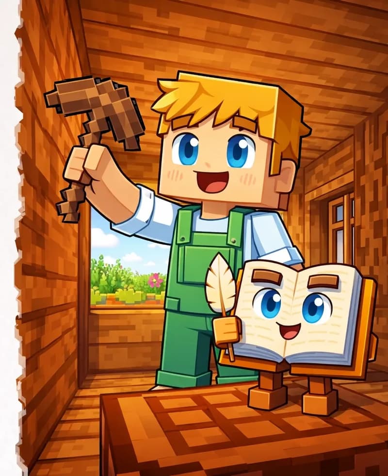 On the right side of the image, Ned stands inside the wooden cabin, holding up a newly crafted wooden pickaxe with a proud, satisfied expression and a big grin. The Book hovers nearby at roughly table height, its cream-colored pages open with its large round bright blue eyes and a knowing smile visible on the pages, and a tan quill feather pen in its right hand. A crafting table is visible in the foreground, and the wooden interior of the cabin frames the scene, with a window in the background showing greenery and daylight outside. The left ~40% of the image is plain light background for text overlay.