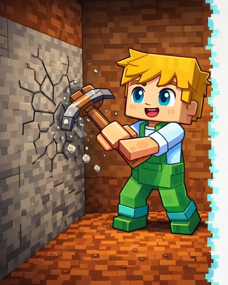On the left side of the image, Ned stands inside a narrow tunnel carved into a brown earth and stone hillside, facing a cracked stone wall. He holds his wooden pickaxe mid-swing, striking the wall with a determined, excited expression. Cracks radiate outward from the point of impact on the stone surface like a spider's web, with chunks of rock beginning to break away. The right ~40% of the image is plain light background, clear of any detail.