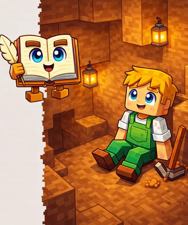 On the right side of the image, Ned sits on the ground inside a carved-out cave of brown stone blocks, his wooden pickaxe resting at his side, looking tired but happy with a satisfied smile. The cave is rough-hewn with blocky walls and lit by small glowing lanterns mounted on the stone. The Book floats near the cave entrance at the center-left edge, its cream-colored pages open, brown hardcover spine visible, its large round bright blue eyes looking in toward Ned with a knowing expression, and a tan quill feather pen in its right hand. The left ~40% of the image is plain light background for text overlay.