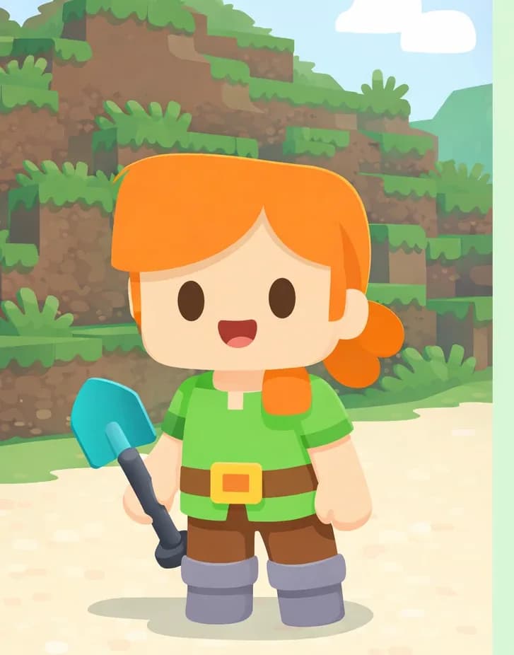 Alex stands on the left side of the image, facing the viewer with a wide, excited grin, holding a diamond shovel in her right hand down by her side. She is positioned outdoors on a light sandy/snowy ground with a grassy hillside rising behind her, with patches of grass and exposed dirt — a bright daytime scene. The right ~40% of the image is plain mint-green background, clear for text overlay.
