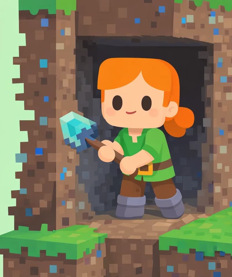 On the right side of the image, Alex stands inside a narrow underground tunnel dug into dirt and stone blocks, rendered in a Minecraft-style voxel aesthetic. Alex faces forward with a focused, determined expression, gripping her diamond shovel with both hands as she pushes deeper into the excavated passage, with grass-block flooring beneath her. The left side of the image is plain mint-green background, while the right side features the cross-section of the dug-out earth, with scattered blue ore flecks visible in the dirt walls, suggesting treasures waiting to be uncovered.