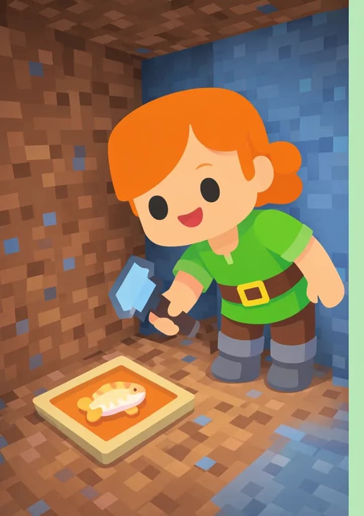 On the left side of the image, Alex stands inside an underground dirt-and-stone tunnel, holding her diamond shovel in one hand and bending down with an amused, curious expression as she reaches toward a cooked cod sitting in an item frame on the ground near her feet. The scene is set underground with blocky Minecraft-style dirt and stone walls surrounding Alex, with soft lighting illuminating the narrow excavated space. The right ~40% of the image is plain mint-green background.