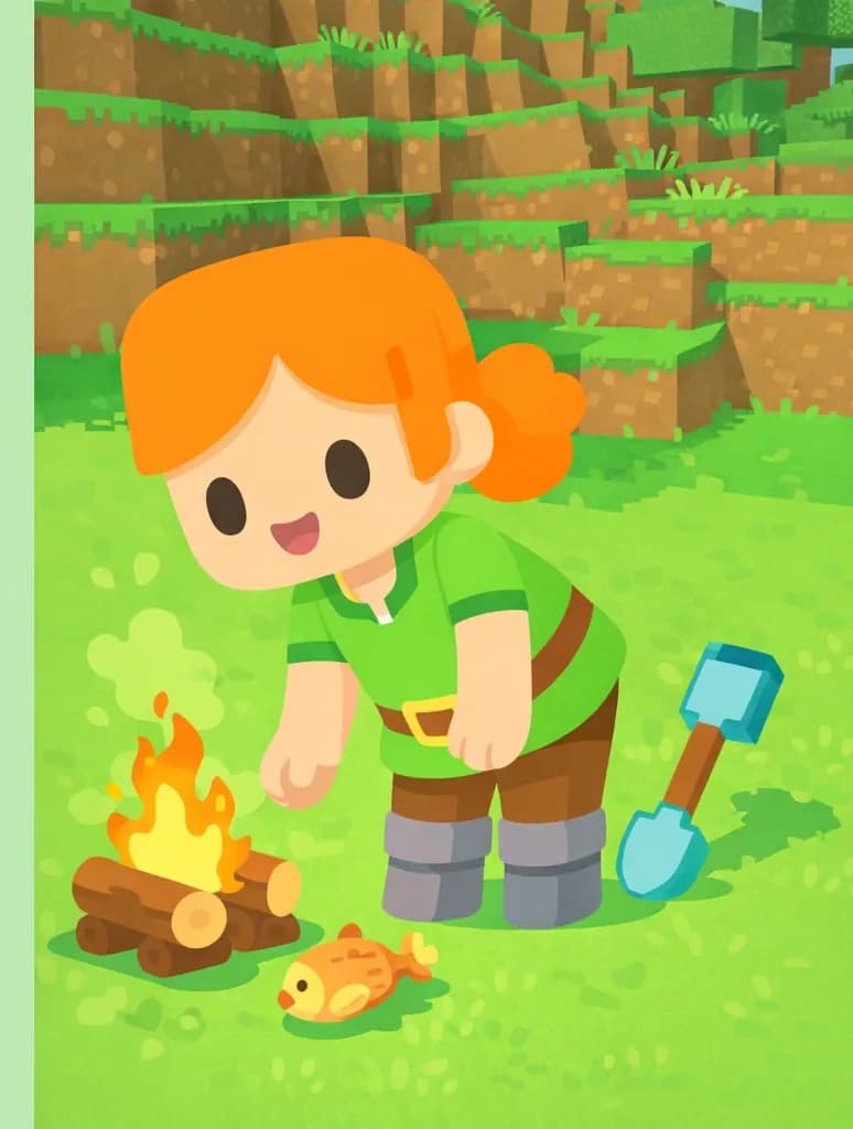 On the right side of the image, Alex stands on a grassy area, leaning slightly forward with a focused expression as she tends to a small campfire burning beside her, with her diamond shovel resting on the ground nearby. A cooked cod sits by the edge of the flames. The campfire sits on the ground to her right, with visible flames flickering over logs. The scene is set outdoors during daytime on flat green terrain with a hillside of dirt and grass rising in the background, rendered in a Minecraft-style blocky aesthetic. The left side of the image is plain mint-green background, clear of any detail.