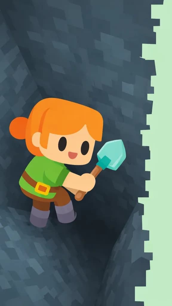On the left side of the image, Alex is descending into a deep, dark underground hole or cave, viewed from above at a steep angle. Alex appears small against the rocky gray walls, gripping her diamond shovel tightly as she climbs down into the narrow passage with a tense, cautious posture. The cave environment is dimly lit with rough stone walls closing in around the opening, while the right side of the image opens to a plain mint-green background.
