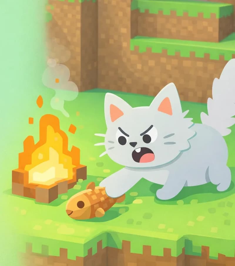 On the right side of the image, a campfire burns on a grassy hillside in a Minecraft-style blocky world, with a cooked cod visible sitting by the edge of the flames. Cat is crouched low nearby, one paw extended toward the fish, batting it away from the fire with a sneaky, mischievous expression. The scene is set outdoors during daytime on green terrain with brown earth/cliff blocks in the background. The left side is plain mint-green background.