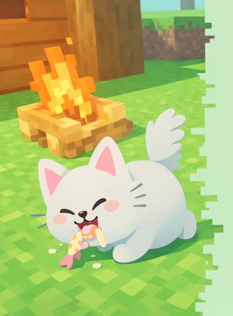 On the left side of the image, Cat is crouched low on a green grassy lawn, eagerly gobbling down the last scraps of a fish with a satisfied expression, with no trace of the meal remaining on the ground around it. The scene is set outdoors in bright daylight beside a wooden house, in a Minecraft-style blocky 3D art style. The right side of the image is plain mint-green background.