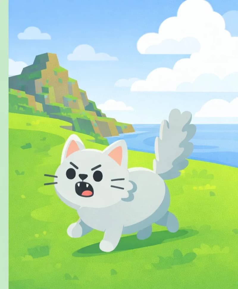 On the right side of the image, Cat is walking across a bright green grassy hillside on a sunny day, looking alert and curious with a mischievous expression, as if heading off to explore. Behind Cat rises a large stepped rocky hill, with a blue sky and fluffy white clouds above and water visible in the distance. The left side is plain mint-green background suitable for text overlay.