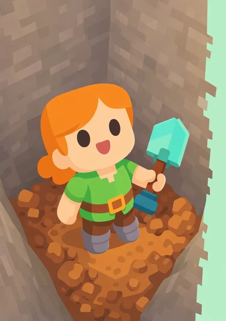 On the left side of the image, Alex is standing at the bottom of a deep hole she has dug, viewed from above at an angled perspective. She is holding her diamond shovel and is surrounded by dirt and stone walls that tower above her, emphasizing just how deep she has excavated. The scene is outdoors in bright daylight, with piles of loose dirt and rubble scattered around her feet at the bottom of the pit. The right side of the image is plain mint-green background, clear for text overlay.