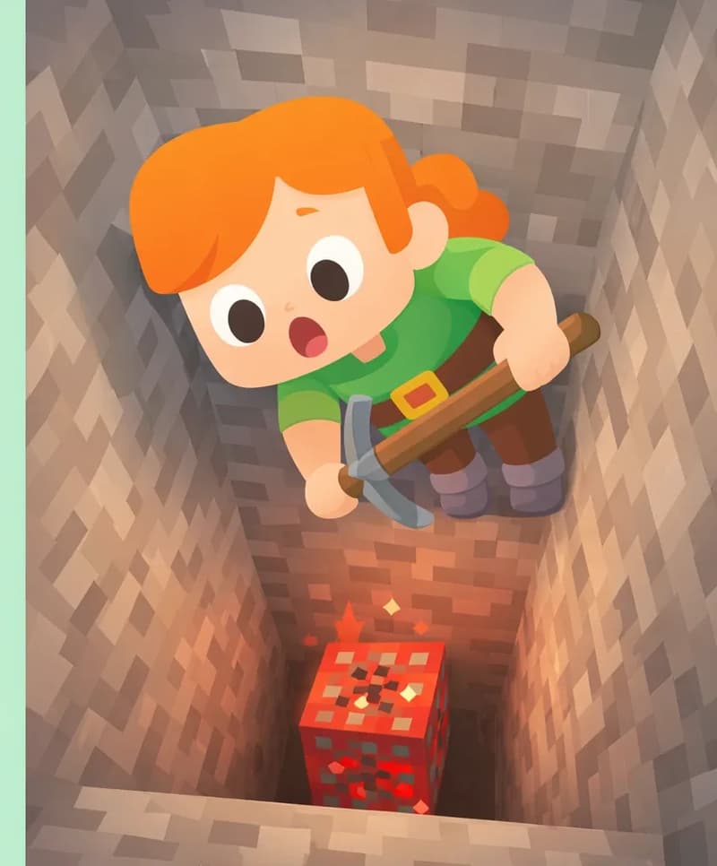 On the right side of the image, Alex is leaning forward and peering down into a narrow underground cave or mine shaft, gripping a pickaxe, with a frozen, wide-eyed expression of surprise as she discovers a glowing block of redstone ore emitting a red sparkle at the bottom of the pit. The scene is set in a blocky, Minecraft-style underground environment with stone walls and ceiling surrounding the opening. The left side is plain mint-green background, clear for text overlay.