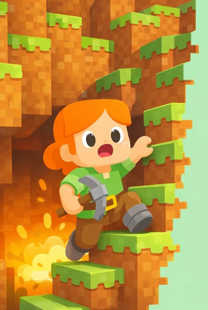 On the left side of the image, Alex is scrambling up a staircase of stacked dirt and grass blocks inside a deep hole, gripping her pickaxe in one hand while climbing urgently with a panicked, wide-eyed expression. The staircase-like walls of dirt blocks rise steeply above and behind Alex, with patches of grass on top. A faint orange glow emanates from below, hinting at the imminent explosion. The right side of the image is open mint-green sky, clear for text overlay.