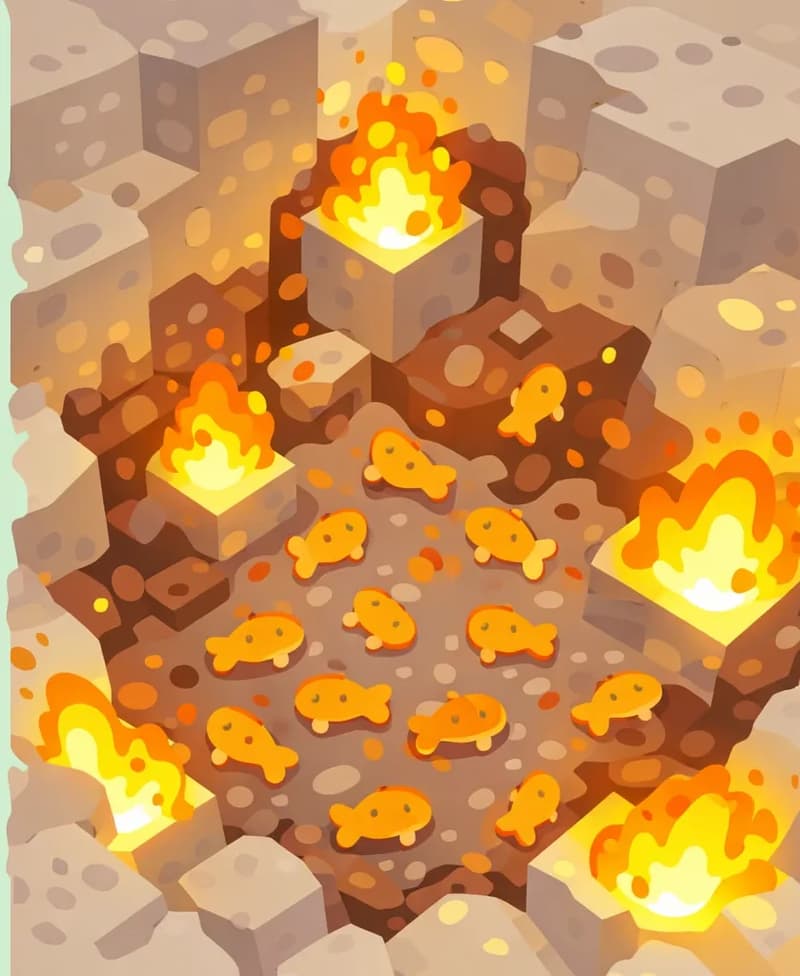 On the right side of the image, a Minecraft-style underground mine is shown from an overhead angle, with blocky stone and dirt walls blown open in a large crater — the aftermath of an explosion. Fires burn in several spots among the rubble, and dozens of cooked cod items tumble and scatter across the excavated area, ready to be collected. The left ~40% of the image is a plain mint-green background for text overlay.