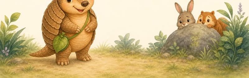 Introduce Armando. Show his full body in a clear pose so the ringed-shield shell is visible. He looks calm and approachable, but one or two small unnamed background animals peek nervously from behind a rock or shrub, misjudging him. Mood: introduction with a gentle hint of being misunderstood.