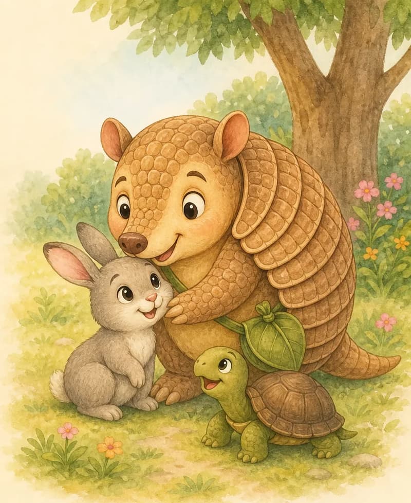 Armando interacts gently with one or two small unnamed park animals — for example offering a friendly nuzzle or a soft gesture, his expression warm and kind. The other animals' expressions have shifted to curious and trusting. Setting: park clearing. Mood: kind, loving, gentle.