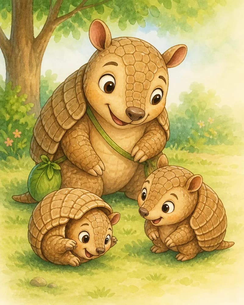 Armando plays with his two armadillo children. One child is mid-demonstration, beginning to curl its back and tuck its head, while Armando watches kindly and supportively. The other child watches and copies the movement. Setting: park ground. Mood: loving family lesson.