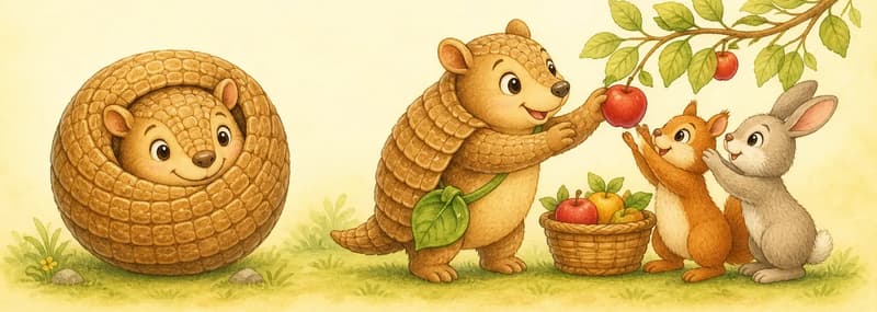 Armando, fully curled into a ball-like shape so his ringed shell is on the outside, demonstrates the "ball" pose on one side of the illustration. Beside him, he is also shown helping one or two unnamed small park animals reach a piece of fruit from a low branch or basket. Combine the two ideas in a single grouped scene. Mood: helpful and reassuring.