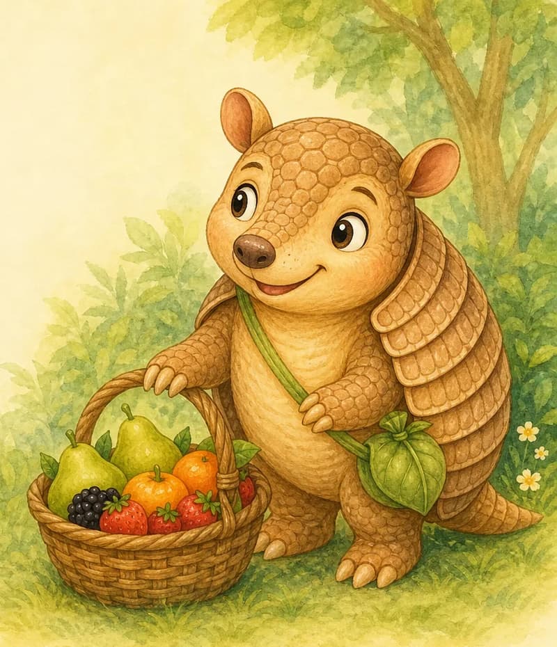 Armando stands beside a small basket filled with pears, tangerines, blackberries and strawberries. One paw rests on the basket while he looks around carefully, checking that everything is safe before he picks more fruit. Mood: thoughtful, careful, kind. No other characters needed.