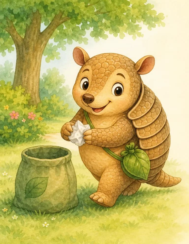 Armando tidies up the park, carrying a small piece of paper or rubbish in his front paws and walking toward a simple trash bin or a small bag. His expression is warm and proud of his work. Setting: a clean grassy park clearing. Mood: loving, helpful, closing feel-good page.