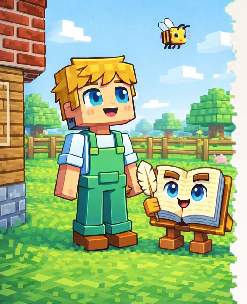 On the left side of the image, Ned stands in a three-quarter view facing right, looking upward with a curious expression, having just noticed a bee flying past the yard. The Book stands upright beside him on the grass in its anthropomorphic form — an open book with cream pages, brown hardcover spine, bright blue eyes on its open pages, and a tan quill pen in its right hand, standing on short blocky brown legs. They are positioned in front of a suburban American house with a wooden fence and green yard, with trees visible in the background. A single bee buzzes through the air ahead of Ned. A small pink pig is faintly visible in the background yard area. The right ~40% of the image is plain light background, clear for text overlay.