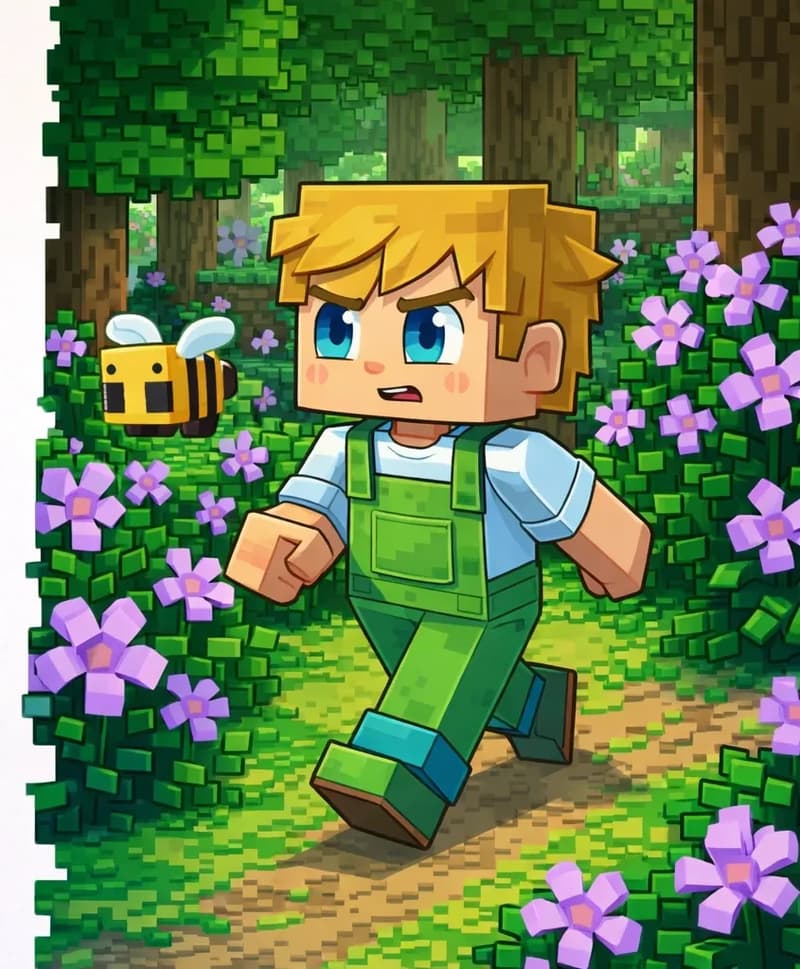 On the right side of the image, Ned is walking forward with a determined expression, following a bee through a lush outdoor scene with tall trees and bushes bursting with purple flowers. The bee flies just ahead of him among the purple flowers. The left side of the image is plain background, clear for text overlay.