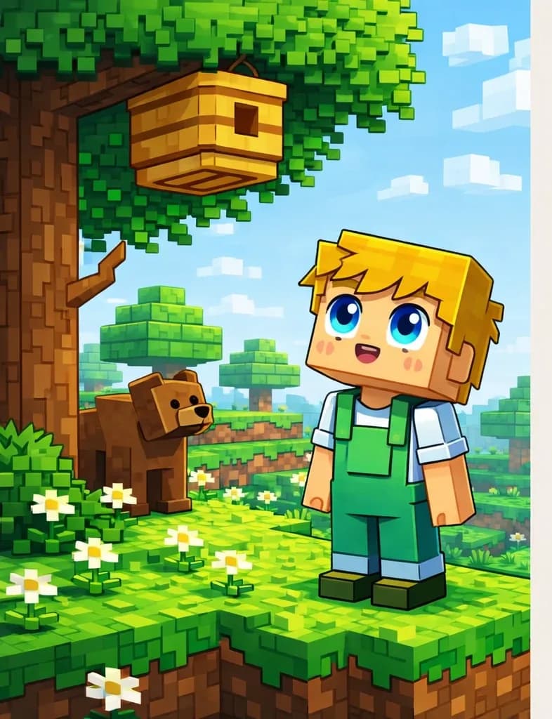 On the left side of the image, Ned stands on a grassy hillside, looking upward with wide eyes full of wanting toward a beehive nestled in a large tree above him. The outdoor scene features green grass, white wildflowers, and trees under a bright daytime sky. A bear stands in the foreground on the left side of the scene. The right ~40% of the image is plain background with no detail.