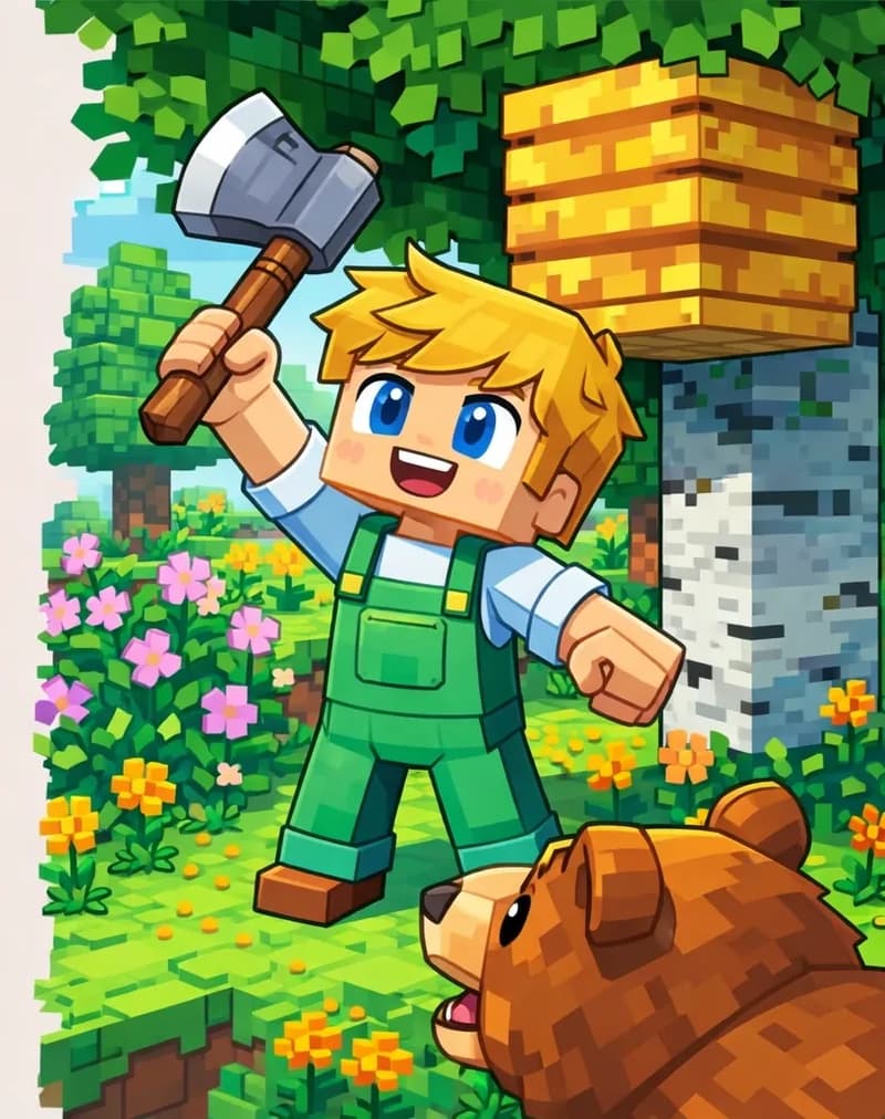 On the right side of the image, Ned stands with a wide grin, raising an axe above his head near a large beehive (a golden, layered block structure) hanging from a tree in a lush, green outdoor forest setting. He looks like a bruiser ready for a fight. The scene is bright with daytime lighting, with flowers and greenery surrounding the area. A brown bear stands in the lower-right foreground of the scene. The left side of the image is plain background, clear for text overlay.