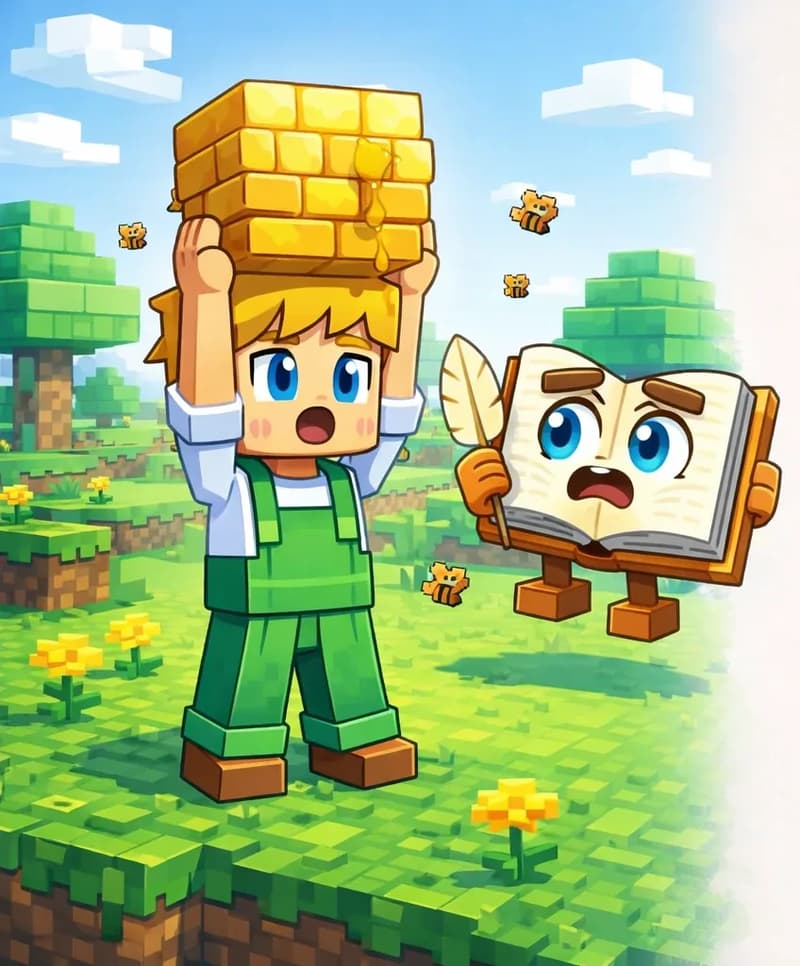 On the left side of the image, Ned stands facing the viewer in a Minecraft-style blocky 3D scene, holding a chunk of golden honeycomb above his head with both hands while looking surprised. The Book floats in the air nearby to Ned's right, an open book with cream pages, brown hardcover spine, bright blue eyes with dark brown eyebrows, and a worried expression, holding a tan quill pen — looking alarmed as it confronts Ned. Small bees are visible in the background near the hive. The outdoor setting is a lush green grassy area with blocky trees and flowers in the background, with bright daytime lighting. The right ~40% of the image is plain light background.