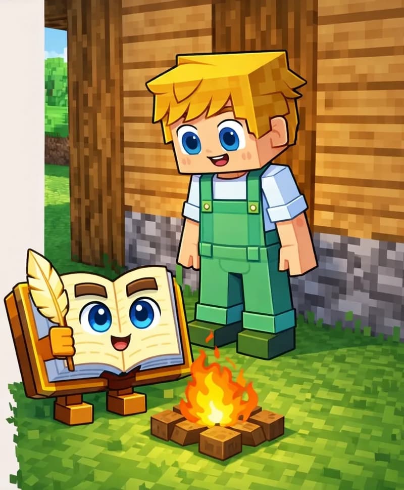 On the right side of the image, Ned stands in front of a wooden house, looking down attentively at The Book. The Book sits open on the green grass nearby in its anthropomorphic form — cream pages with bright blue eyes and an instructive expression, holding a tan quill pen, standing on short blocky brown legs — appearing to share a plan. A small campfire with orange flames crackles on the ground between them. The scene is set outdoors on a bright day with green grass and the wooden structure of the house visible behind Ned. The left side of the image is plain background, clear for text overlay.