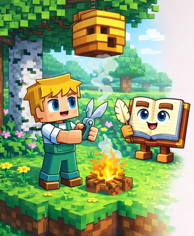 On the left side of the image, Ned stands facing a large bee nest hanging from above, with a small campfire burning on the ground directly beneath it, smoke curling up through the branches toward the hive. Ned holds shears in his hands, looking determined and ready to act. The Book stands on the grass behind Ned in its anthropomorphic form, watching the scene. The scene is set outdoors in a grassy clearing with birch trees and flowering bushes in the background. The right ~40% of the image is plain light background with no detail.