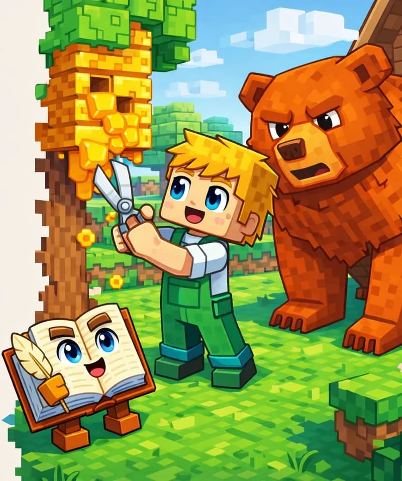 On the right side of the image, Ned stands on bright green grass, using shears to extract bright golden honeycombs dripping like golden fruit from a large beehive structure. His expression is excited and eager. The Book lies open on the ground to the lower left, looking up urgently as if telling Ned to hurry. A large orange bear looms close to the hive area. The scene is set outdoors in daylight with trees and wooden structures in the background, rendered in a blocky, Minecraft-inspired style. The left side of the image is plain background, clear for text overlay.