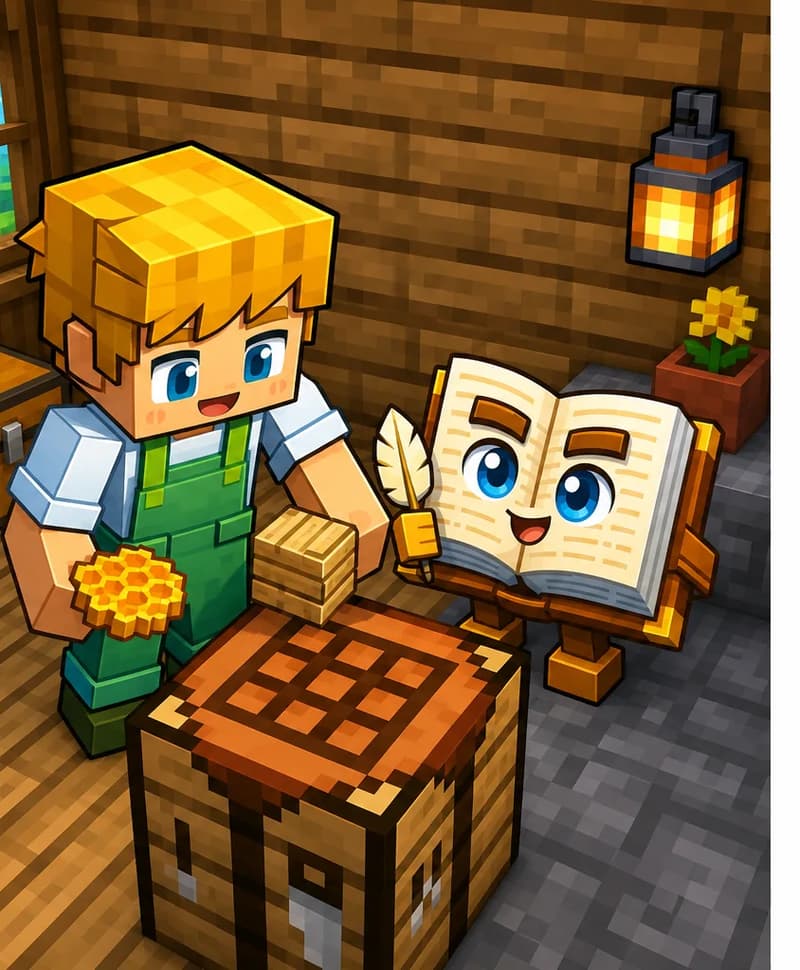 On the left side of the image, Ned stands indoors in a Minecraft-style blocky 3D scene, looking down eagerly at a crafting table in front of him. He holds honeycomb items and wooden pieces, assembling a new beehive. The Book stands nearby on the stone floor in its anthropomorphic form, watching Ned work. The setting is a wooden interior room with plank walls, and the right ~40% of the image is plain white background.