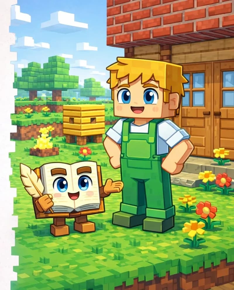 On the right side of the image, Ned stands in front of his house, looking satisfied as he surveys his work. Bright flowers are planted in the ground near the house. A small wooden beehive structure sits on the grass nearby, with a small campfire beside it. The Book stands in the mid-ground near the beehive in its anthropomorphic form, gesturing as if giving instructions. The scene is set outdoors in a sunny suburban yard with a brick house visible in the background. The left side of the image is plain background, clear for text overlay.