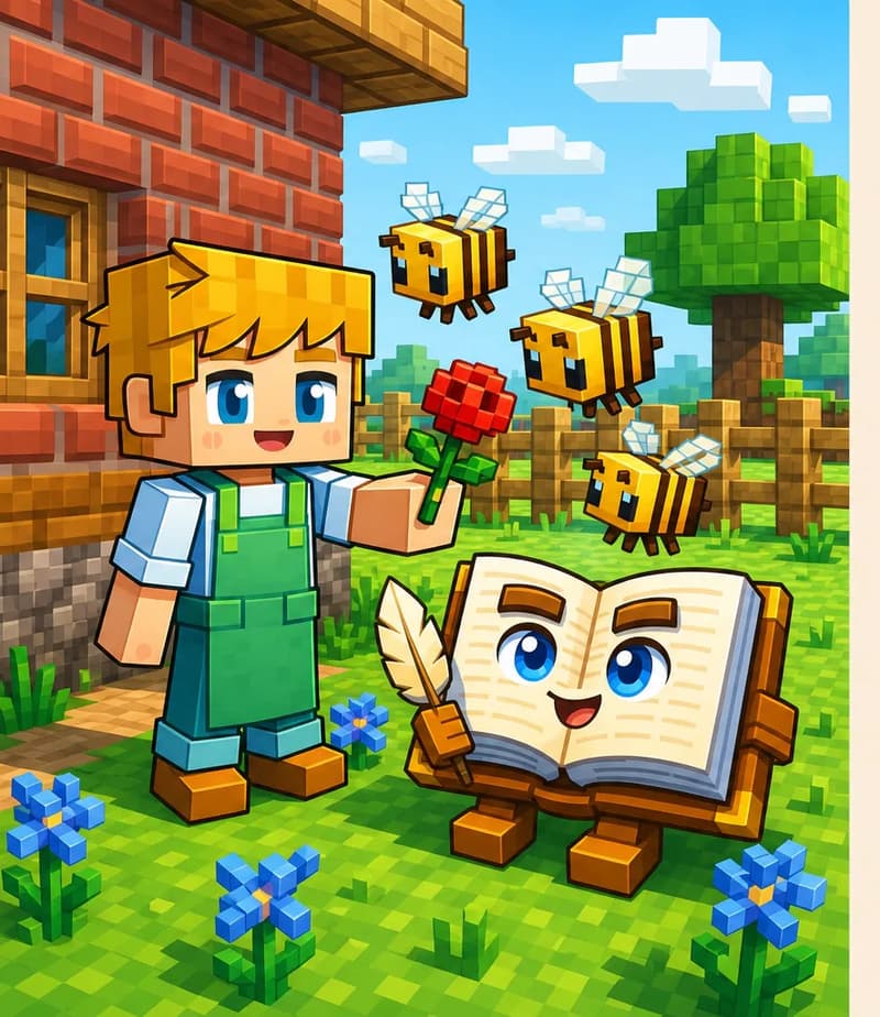 On the left side of the image, Ned stands with a welcoming expression, holding out a bright rose toward a group of blocky bees. The bees buzz around the flower, drawn to it. The Book sits open on the grass nearby, watching as Ned leads the bees. The scene is set outdoors on a bright, sunny day in a suburban backyard with a brick wall, green grass, and small blue flowers scattered on the ground. The right ~40% of the image is plain light background, clear for text overlay.