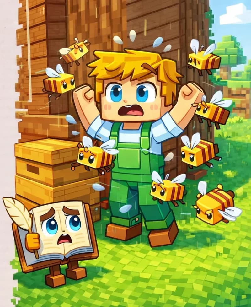 On the right side of the image, Ned stands next to a large wooden beehive placed on the grass beside a wooden structure. He looks overwhelmed and alarmed as several bees swarm all over him, buzzing and bumping from every direction. The Book stands on the grass nearby, looking regretful with a worried expression. The setting is an outdoor grassy area in daylight, with a wooden building or treehouse in the background. The left side of the image is plain background, clear for text overlay.