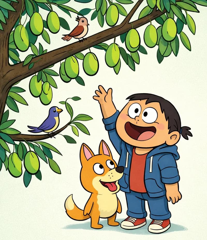 On the left side of the image, the Narrator stands beneath a large mango tree, smiling broadly and reaching one hand up toward the hanging mangoes with an excited expression. The Dog sits close beside the Narrator, looking up at the tree as well. The tree's branches stretch across the upper-left portion of the frame, heavy with green mangoes and lush leaves, while the right side of the image is open, plain background. Two birds are perched on the tree branches — a small brown bird on an upper branch and a colorful blue-and-yellow bird on a lower branch.