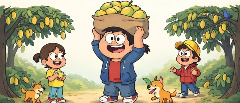 In the lower half of the image, the Narrator stands in the center foreground at a three-quarter angle, carrying a large sack of fruit on their head with both arms raised to steady it. To the left, the Girl in yellow dress stands smiling and holding a fruit close to her chest, while the Dog trots happily beside her. To the right in the background, Yellow-hat child is visible smiling with arms slightly raised, walking among the trees. The scene is set outdoors in a lush farm yard with large mango trees framing both sides, their branches heavy with ripe fruit hanging down from the top of the image. The top portion is open sky with leafy canopy. A small blue bird is perched in the tree branches on the upper right.