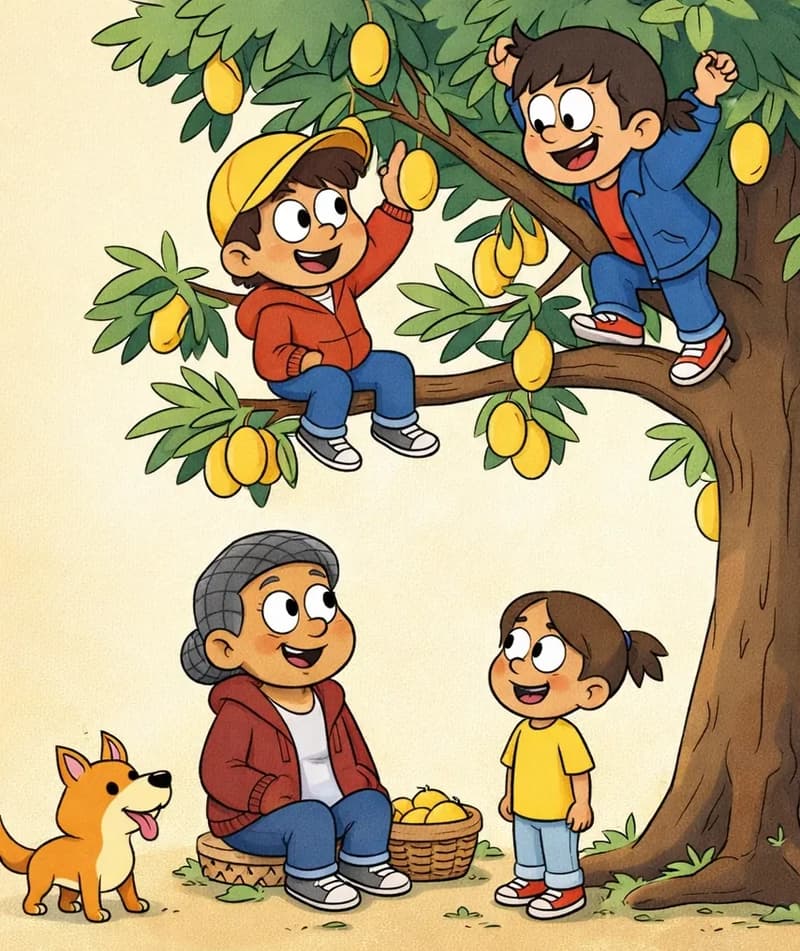 On the right side of the image, a large backyard tree dominates the scene with ripe mangoes hanging from its branches. Yellow-hat child is perched on a branch in the middle of the tree, reaching for a mango, while Narrator climbs higher up in the upper-right corner, also picking fruit. Below the tree, Gran sits on the ground smiling warmly, watching over the children with a basket and plate of mangoes beside her. Girl in yellow dress stands beneath the tree looking up at the climbers with curiosity. Dog trots nearby at the base of the tree, tail raised. The scene is set outdoors on a bright, sunny day with a warm, soft background.