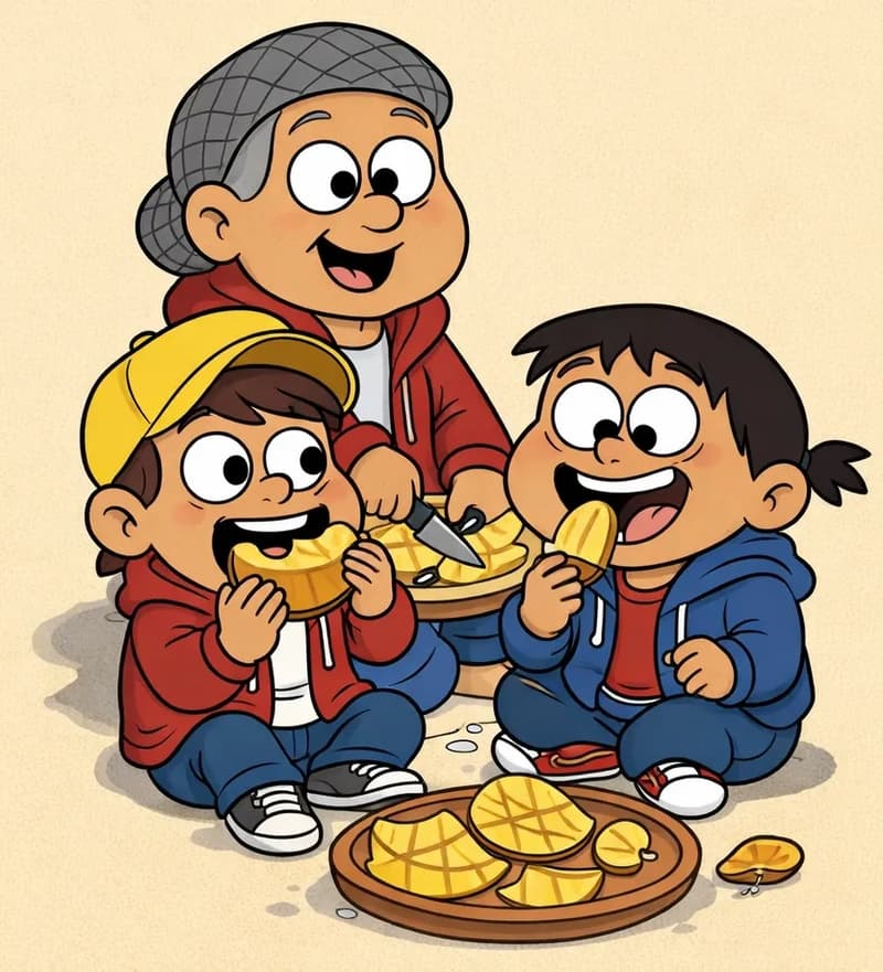 On the left side of the image, Gran, the Narrator, and Yellow-hat child are sitting together on the ground enjoying a mango picnic. Gran sits at the back, smiling happily while cutting up mango slices. Yellow-hat child sits in front of Gran, eagerly biting into a large mango slice held up to his mouth, juice running down his chin, wearing his bright yellow baseball cap, red hoodie, and blue jeans. The Narrator sits in the foreground with a contented smile, nibbling on a mango skin while a chewed mango seed rests nearby, next to a round wooden platter filled with cut mango pieces, mango halves scored in a crosshatch pattern, and mango skins. The right side of the image is plain warm golden-beige background, open for text.