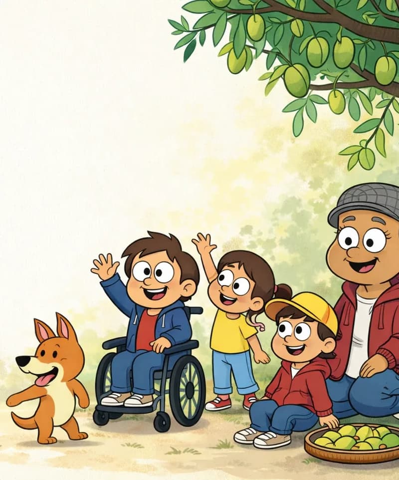 On the left side of the image, the Narrator kneels beside a large woven basket, smiling, as the Dog trots eagerly past. Wheelchair boy sits in his wheelchair nearby, grinning, with one arm raised in a cheerful wave. On the right side, Gran sits on the ground near a tray of golden mangoes, smiling warmly, while the Girl in yellow dress and Yellow-hat child gather around her — one reaching up toward the fruit-laden tree branches overhead. The scene is set outdoors in a sunny backyard with tall leafy trees heavy with green mangoes, dappled light filtering through the canopy onto the ground.