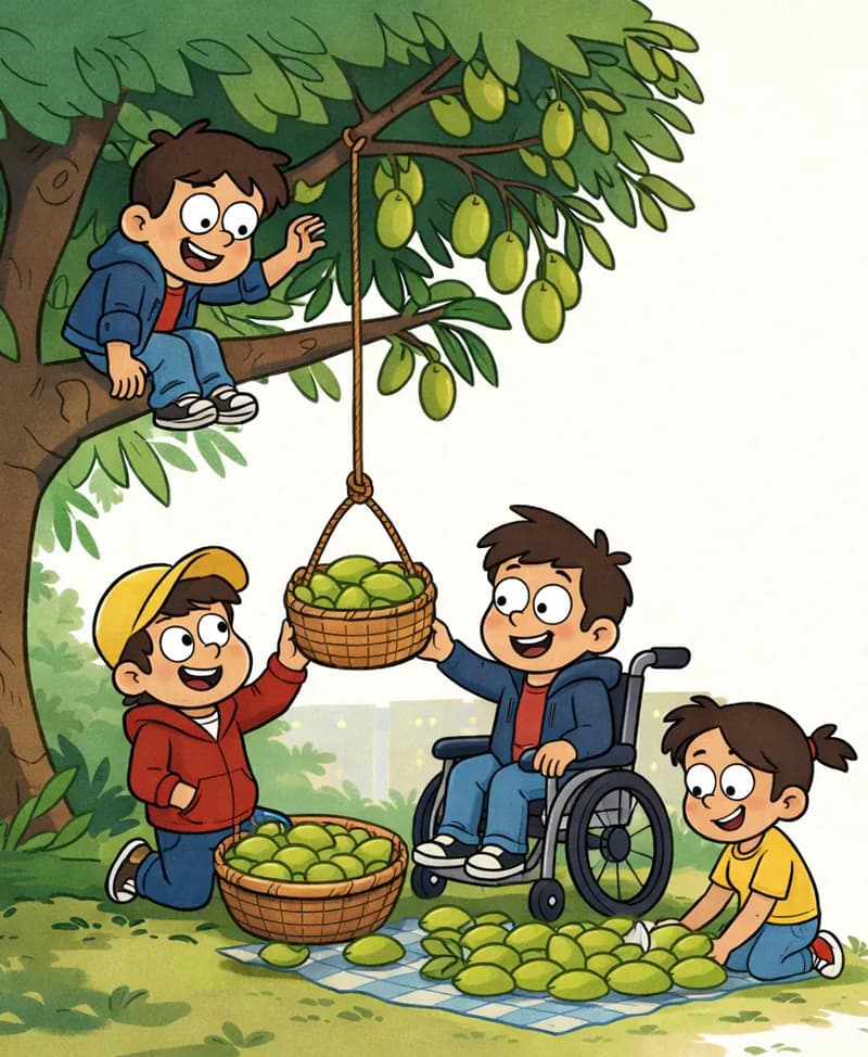 On the left side of the image, Narrator is perched up in a mango tree, sitting on a branch and lowering a basket of mangoes down on a rope. Below the tree, Wheelchair boy sits in his wheelchair, smiling as he reaches up to receive the descending basket. On the ground beneath them, Yellow-hat child kneels beside a large basket of mangoes, while Girl in yellow dress sorts mangoes on a blanket spread out on the grass. The outdoor scene is set under a leafy backyard tree on a bright day, with the right side of the image left as plain pale background.