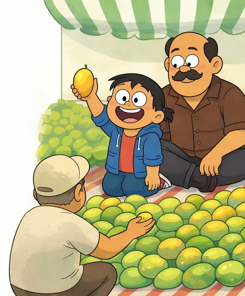 On the right side of the image, Narrator and Dad sit together on a striped blanket at a farmers' market stall under a green-and-white striped awning, with piles of mangoes spread out in front of them. Narrator is kneeling and grinning widely, holding up a perfect mango, while Dad sits beside her smiling warmly. A customer is crouched in the foreground, reaching toward the mangoes to inspect them. The left side of the image is plain light background.