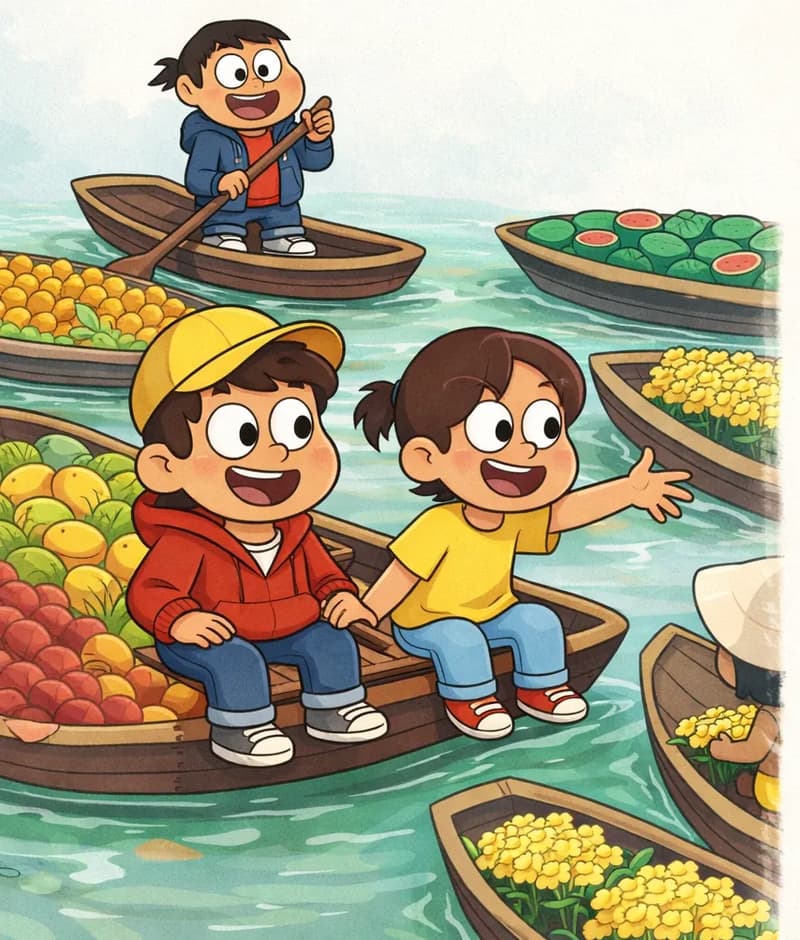 On the left side of the image, Yellow-hat child and Girl in yellow dress sit together in a wooden boat loaded with mangoes and colorful fruits, both smiling happily as they reach toward nearby boats. Several other boats filled with various fruits — watermelons, yellow flowers, green produce, and bright pink and orange goods — float around them on the river. Narrator stands in a nearby boat on the upper-left, holding a long oar and steering through the floating market. A figure sits in a boat among flowers in the lower-right area. The scene is set outdoors on a calm river under a soft, overcast sky, with the right side open as plain pale background.