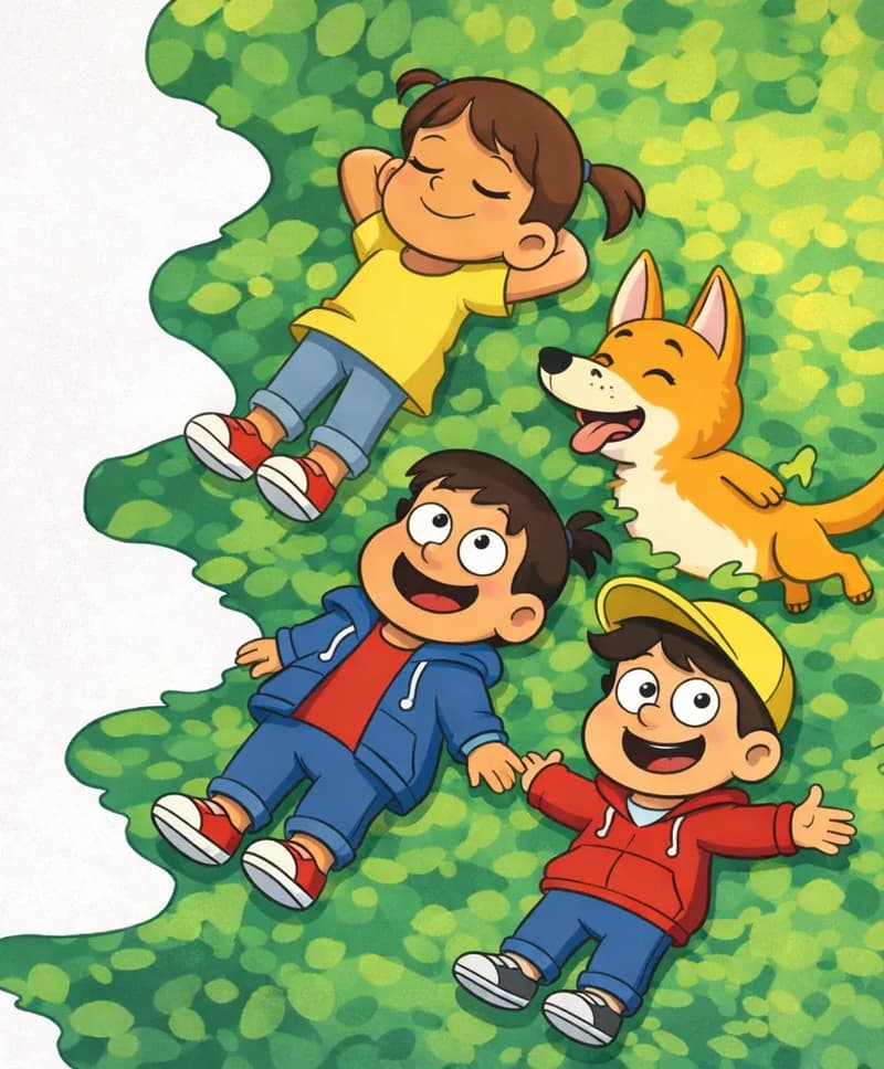 On the right side of the image, the Narrator, Girl in a yellow shirt and blue jeans, Yellow-hat child, and Dog rest in the lush green canopy of a large tree, viewed from above. Girl is highest up, smiling contentedly with her eyes closed and arms relaxed. Yellow-hat lies below her, smiling happily with arms spread out. The Narrator lies between them, relaxed and gazing upward. Dog stands upright beside the children with his mouth open and tongue out, looking happy and awake. The left approximately 40% of the image is plain light gray-white background with soft watercolor texture.