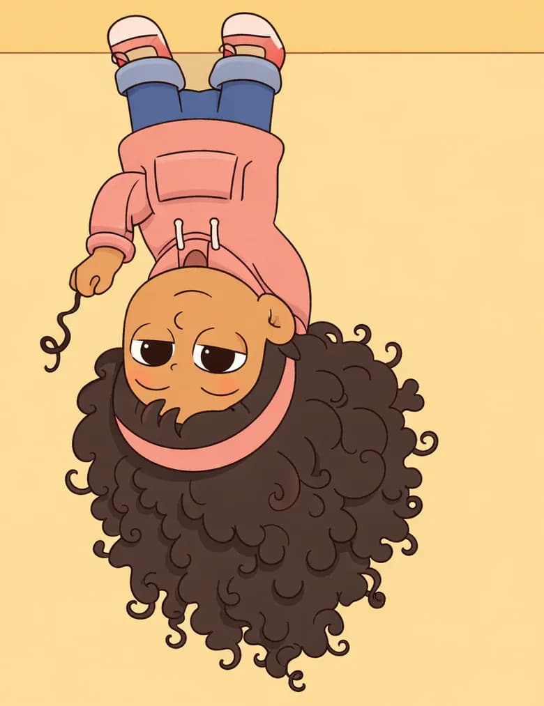 Girl is shown upside down on the right side of the image, hanging from the top edge with her legs hooked over it. Her voluminous curly hair cascades downward due to gravity, forming a large, dense mass of bouncy spring-like curls that fills much of the right portion of the frame. One hand holds a single curl stretched out, about to release it. She has a calm, content expression with half-lidded eyes, as if enjoying the springy bounce of her curls. The background is a warm, flat golden-tan color with no other objects or setting details.